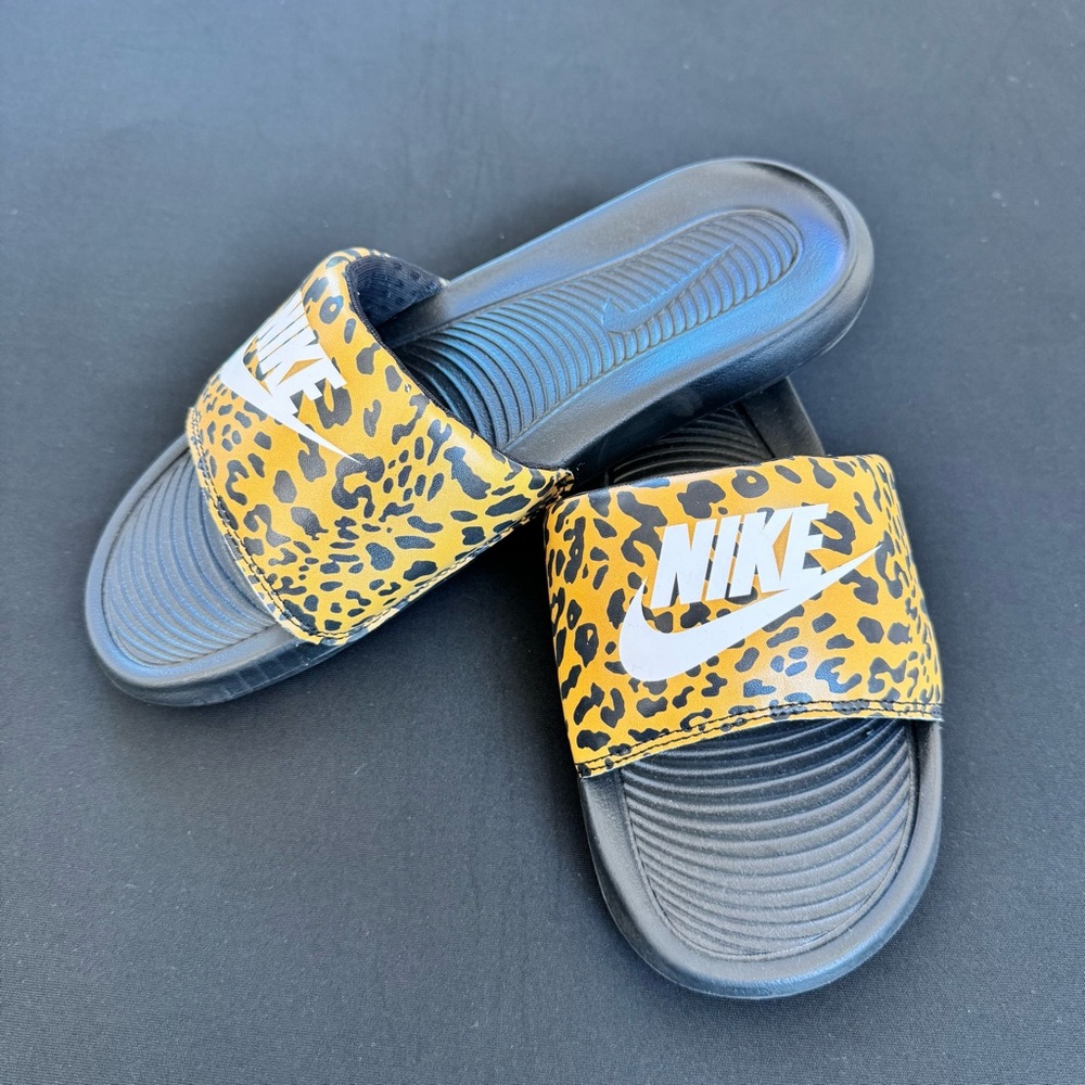 Nike Black and Yellow Leopard Slides